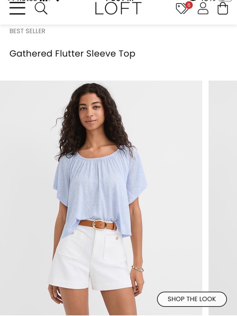 LOFT Light Blue Gathered Raglan Flutter Sleeve Top with Swirl Print